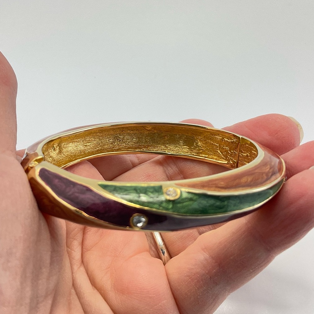 NWOT Enamel Bangle Bracelet with Clear Crystals, Hinged Cuff, Modern, Elegant - Picture 4 of 11